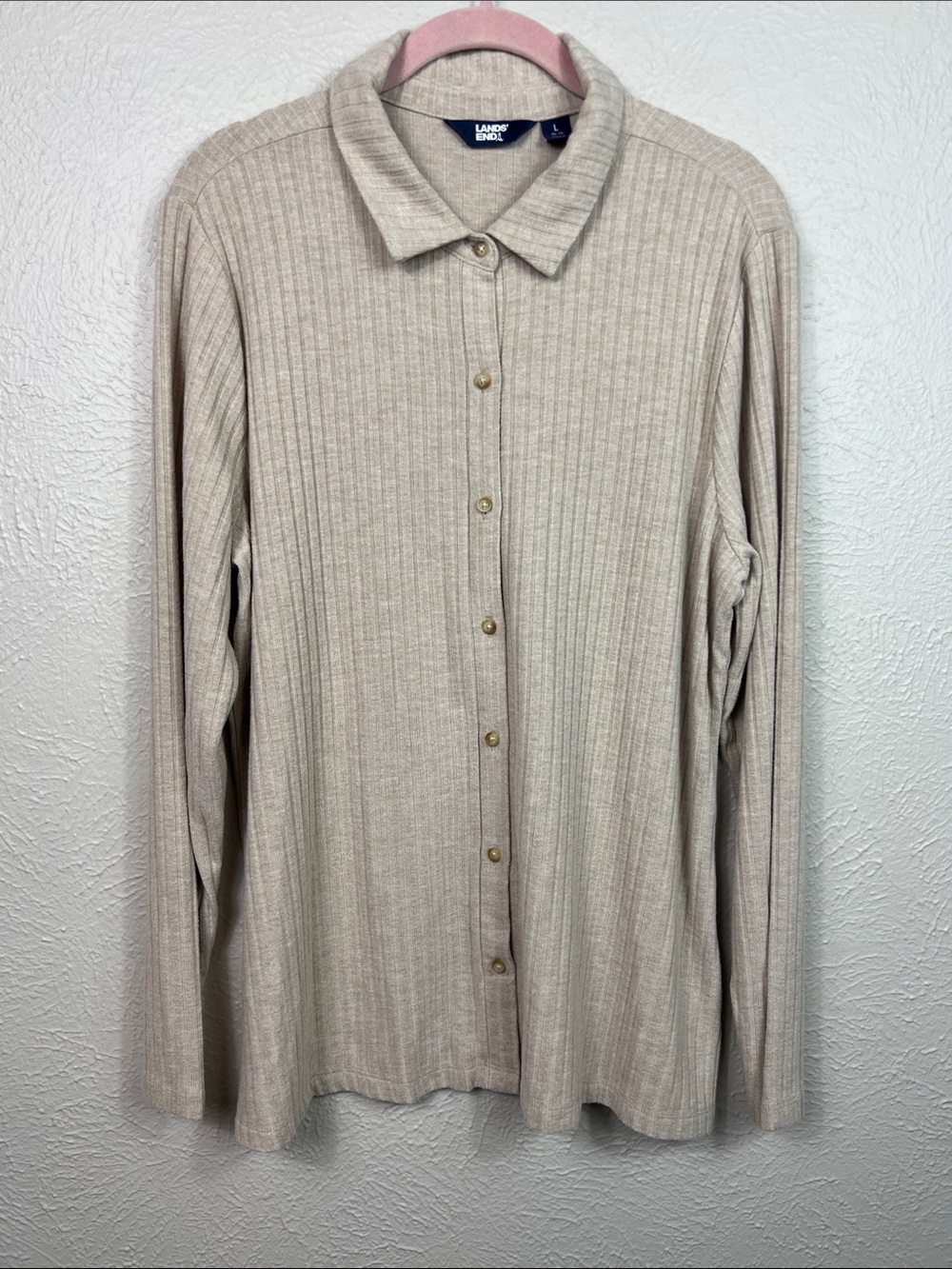 Lands’ End Knit Oatmeal Button Front Long Sleeve Blouse Large 14-16